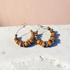 Brown Bead and Silver Accent Boho Hoop Pierced Earrings